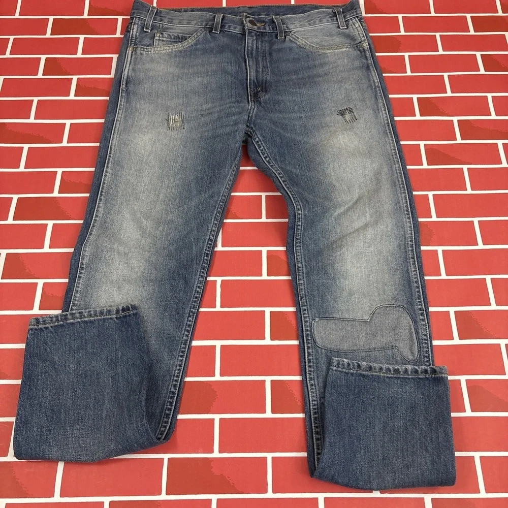 Levi's 606 Orange Tab Jeans Big E 33x32 Denim Straight Distressed Patched Knees